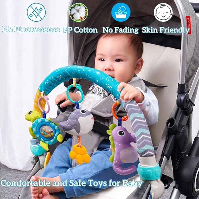 Baby Stroller Arch Toy, Clip On Arch Mobile for Bassinet with Universal Clamps, Activity Toy Bar for Bouncer Musical Crib Mobile Toys for Infants Car Seat Toys Rattle Turtle Music Whale-CubbioJoy