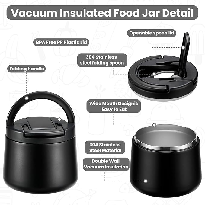 14oz Insulated Vacuum Food Jar with Buckle Lid,Soup Thermo for Hot Food Kids,Wide Mouth Leakproof Stainless Steel Lunch Container with Spoon-Black-CubbioJoy