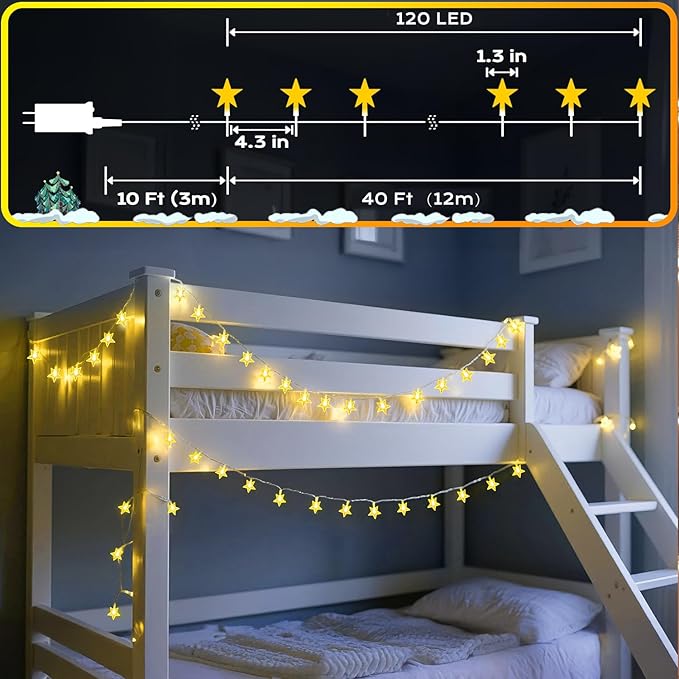 120 LED 40FT Star String Lights, 8 Modes Plug in Star Lights with Timer & Memory, Indoor Outdoor Christmas Twinkle Light for Birthday Party Bedroom Wedding Home Classrom Decor Warm White-CubbioJoy