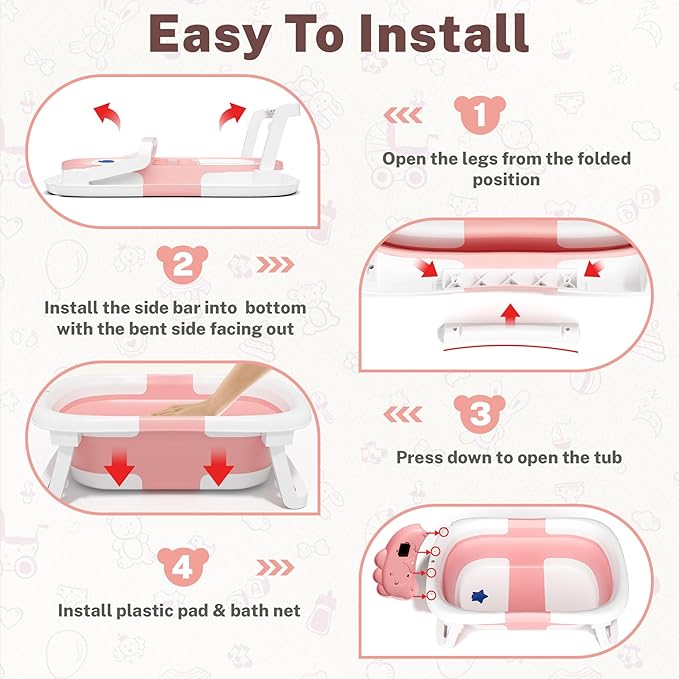 AVIDOR Baby Bathtub,Collapsible Bathtub for Newborn to Toddler,Durable Essential Infant Bath Tub,Portable Travel Baby Tub with Soft Bath Net,No-Slip Feet and Dinosaur Shaped (Pink)-CubbioJoy