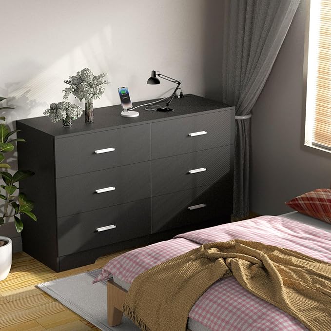 Dresser with Power Outlets Wooden 6 Drawer Dresser with USB and Type C Port Chest of Drawers for Bedroom Tall Black Organizer Storage for Living Room Hallway Closet-CubbioJoy
