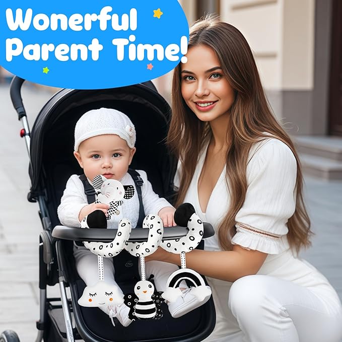 Car Seat Toys for Babies 0-6 Months,Hanging Rattle Toys for Crib Mobile, Baby Spiral Hanging Stroller Black and White High Contrast Toys for Newborn 0 3 6 9 12 Months Baby Boys Girls (Set-1)-CubbioJoy
