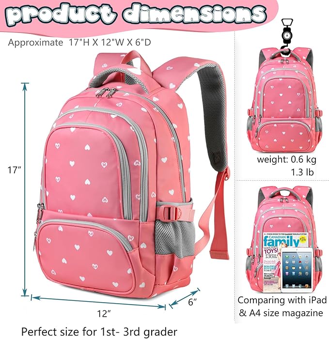 BLUEFAIRY Lightweight Water Resistant Backpack for Girls, Pink, 5-9 Years, Laptop Compartment, Adjustable Shoulder Straps, Breathable Mesh-CubbioJoy