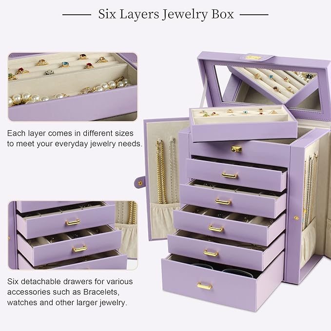 AKOZLIN Large Jewelry Box Organizer Functional Lockable with Big Mirror, Leather Jewelry Storage Case for Women Girls Ring Necklace Earring Bracelet Holder Organizer Violet-CubbioJoy