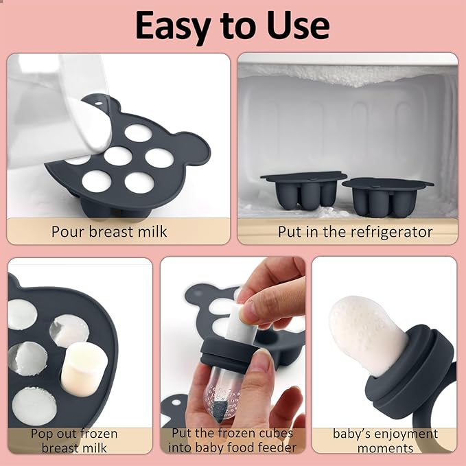 JEXFUN Silicone Baby Food Feeders + Freezer Tray for Batch Prep, Introduce New Foods Safely, Double as Silicone Teething Toys, BPA Free Silicone Feeder for Safe Infant Self Feeding - (Dark Grey)-CubbioJoy