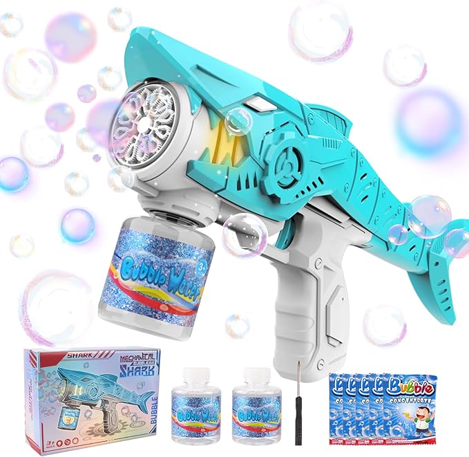 Automatic Bubble Machine Gun for Kids with 2 Bottles 5 Bags of Refill Solution Lights ElectricShark Bubble Gun Toys Outdoor Toys Gifts Wedding Easter Party Favor-CubbioJoy