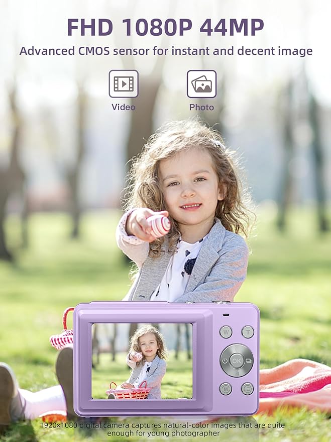 Digital Camera FHD 1080P, Camkory Kids Camera 44MP Point and Shoot Digital Cameras with 32GB Card, 16X Zoom, Two Batteries, Lanyard, Compact Small Camera Gift for Kids Boys Girls Students, Purple-CubbioJoy