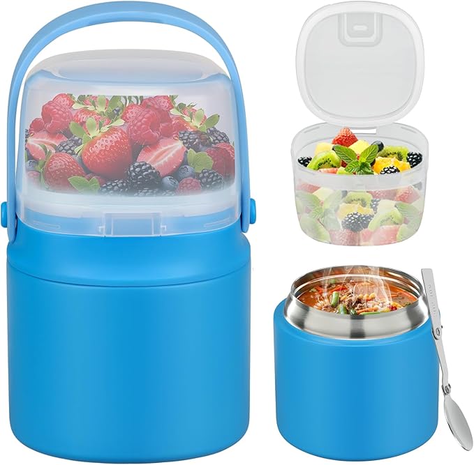 2 - in - 1 Soup Thermo for Hot Food 14oz with Snack Box Container Leak Proof Insulated Lunch Container Kids and Adults Stainless Steel Double Wall Vacuum Wide-mouth Thermal with Spoon and Handle-CubbioJoy