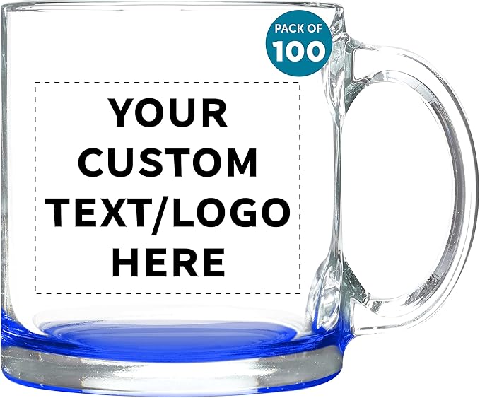 Custom Clear Glass Coffee Mugs 13 oz. Set of 100, Personalized Bulk Pack - Perfect for Coffee, Tea, Espresso, Hot Cocoa, Other Beverages - Blue Bottom-CubbioJoy
