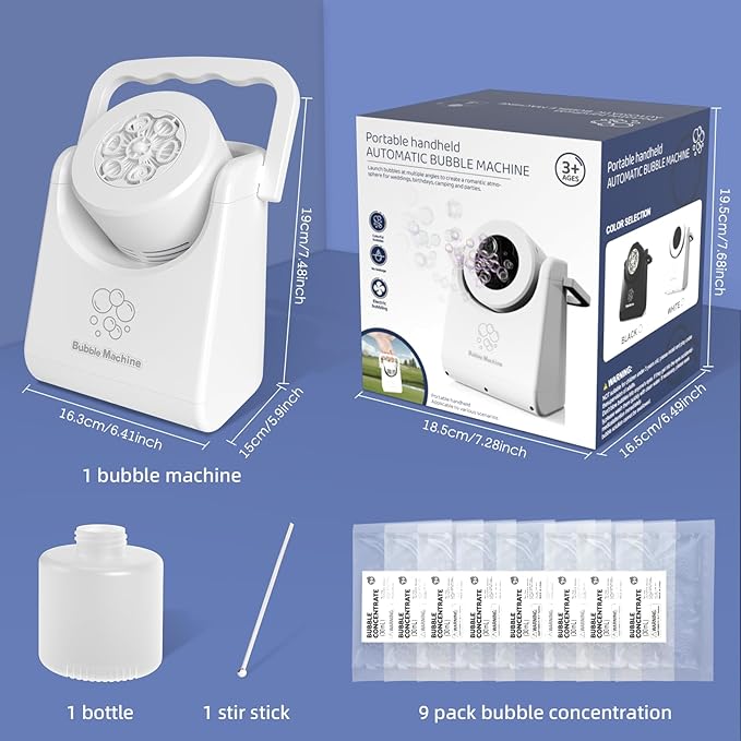 Bubble Machine Automatic Bubble Blower for Kids Batteries Operated Portable Bubble Maker Electric Bubble Machine Adjust Angle by 90° Indoor Outdoor Toy for Birthday Party Wedding (Portable White)-CubbioJoy