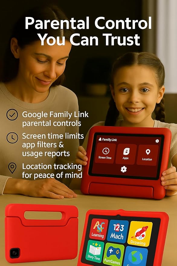 10.1 Inch Kids Tablet with Shockproof Case | Android 14, 64GB+8GB RAM, 12H Battery | Parental Control, Google Kids Space & Preloaded Educational Apps | WiFi 6, HD Display, Ages 3-12-CubbioJoy
