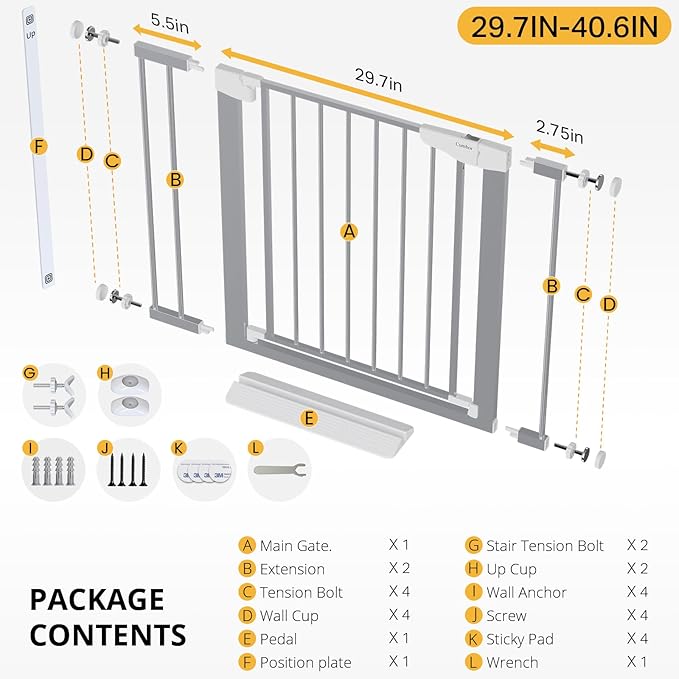 Cumbor 29.7"-40.6" Baby Gate for Stairs, Mom's Choice Awards Winner-Dog Gates for Doorways, Pressure Mounted Auto-Close Pet Gates for Dogs Indoor, Safety Child Gate with Easy Walk Thru Door, Gray-CubbioJoy