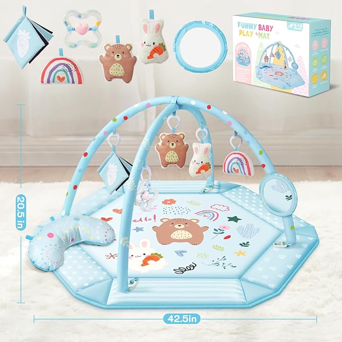 Baby Gym Play Mat, 8-in-1 Tummy Time Mat & Ball Pit with 6 Toys, Washable Baby Activity Mat for Visual, Hearing, Sensory, Motor Development, Baby Gift for Newborn Infant 0-3-6-9-12 Months (Blue)-CubbioJoy