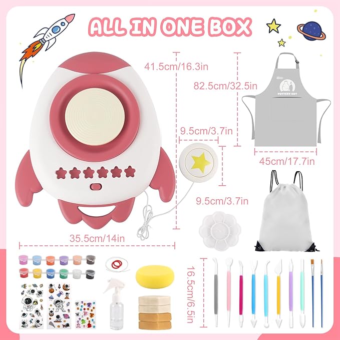 deAO Pottery Wheel for Kids Complete Painting Set for Beginners Mini Pottery Wheel Kit with Air Dry Clay Tools, Arts & Crafts Clay Wheel Toys Birthday Gifts for Girls Boys Age 3+ (Red)-CubbioJoy