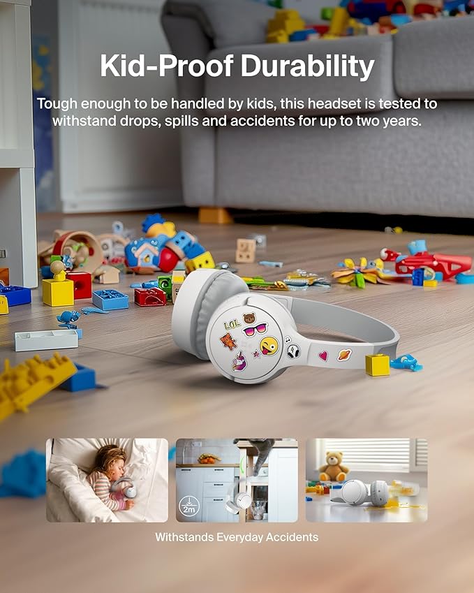 Belkin SoundForm Mini Kids Wireless Headphones w/Built-in Microphone, 30H of Playback Time, Fun Stickers, & Case - Over-Ear Headsets for Online Learning, School, iPhone, iPad, Galaxy, & More - White-CubbioJoy