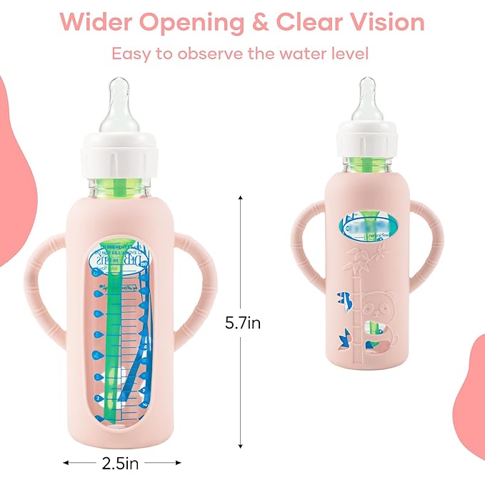 2 Pack Silicone Sleeves for Dr. Brown's Glass Baby Bottles, Anti Breakage Durable Baby Bottle Holder with Easy Grip Handles, Narrow Sleeve with a Cutout, Dishwasher/Freezer/Microwave Safe, 8 oz-CubbioJoy