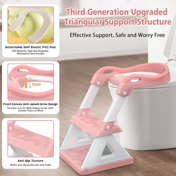 2 in 1 Potty Training Toilet Seat & Toddler Step Stool, Bottom Triangle Stability Toddler Toilet Seat, Adjustable Step & Seat Height Potty Seats for Toddlers Boys Girls (Pink)-CubbioJoy