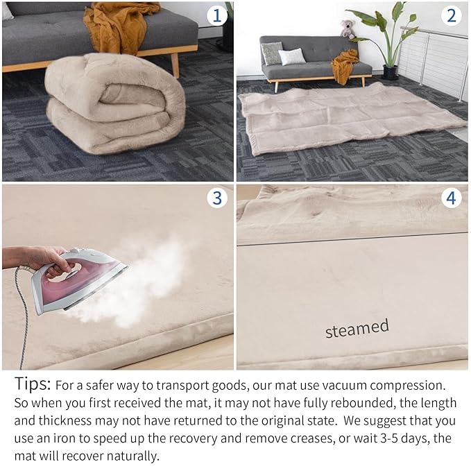 Baby Play Mat for Floor,1.3" Thick Elasti-Foam 74×50 Playpen Mat for Toddlers Infant Kids,Water-Repellent Soft Coral Velvet for Tummy Time, Non-Slip Backing for Crawling,Tatami Style(Beige)-CubbioJoy