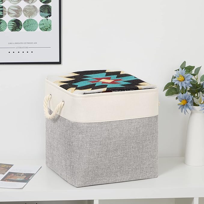 Bidtakay Fabric Basket Set - Large Square Organizer Bins, 13x13, Set of 3, White & Grey-CubbioJoy