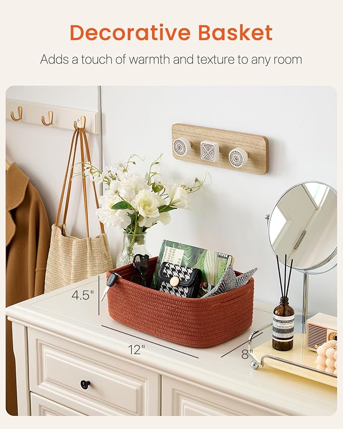 KALLAX Small Woven Basket, 12 x 8 x 4.5 Inches, Storage Basket for Organizing, Cute Small Rope Shelf Closet Cube Storage Bins Baskets for Shelves, Dog Toy Gift Baskets Empty, 3 Pack Rust Red-CubbioJoy