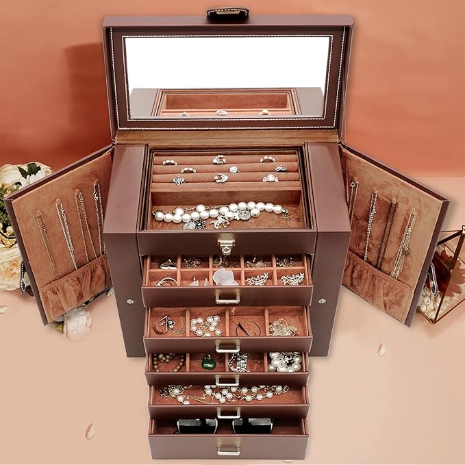 AKOZLIN Large 6-Tier Jewelry Box Organizer Functional Huge Lockable,5 Drawers Leather Jewelry Storage Case for Women Girls Ring Necklace Earring Bracelet Holder Organizer with Mirror Brown-CubbioJoy