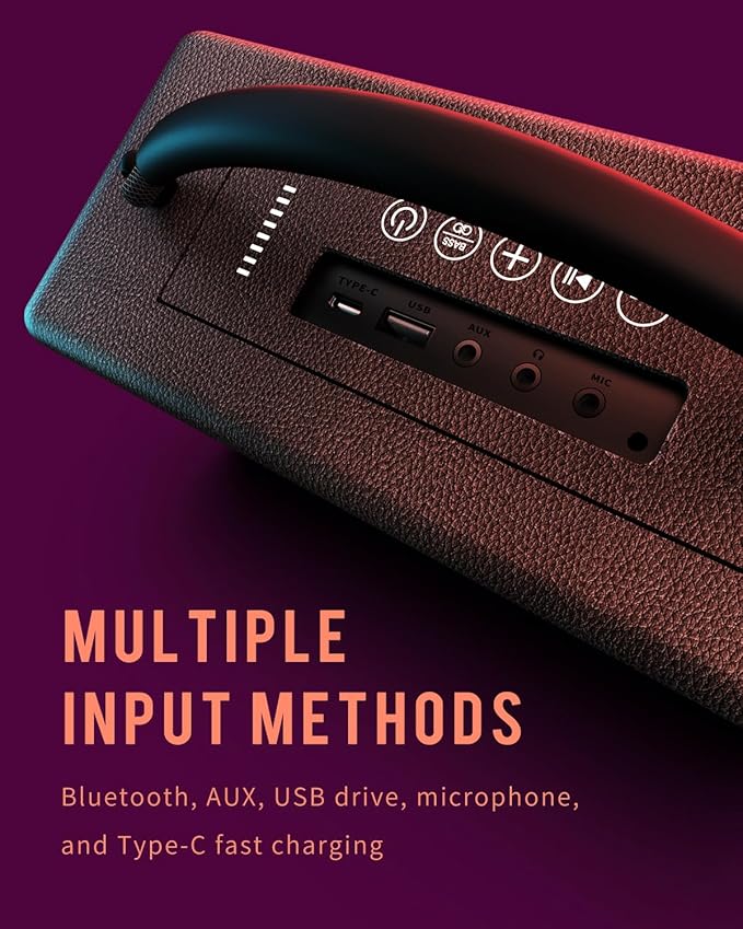 DINDIN Portable Bluetooth Speaker: 80W (Peak), 20H Playtime, Loud Wireless Wood Speakers with Bass, AUX and USB Input, Subwoofer, TWS Pairing, Vintage Speaker for Outdoor, Home, Office (Black)-CubbioJoy