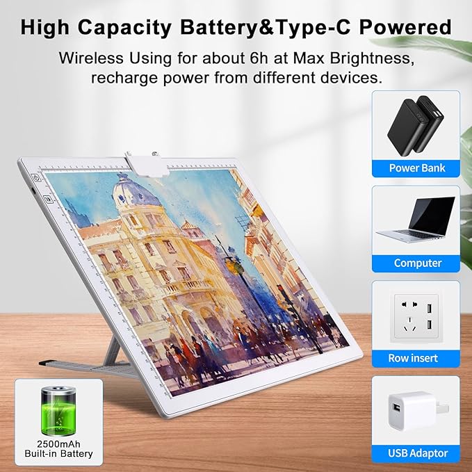 A3 Light Pad, Elice Tracing Light Box 3 Colors Mode Stepless and 6 Levels of Brightness Light Copy Pad, Wireless Rechargeable Led Light Board for Weeding Vinyl Diamond Painting Sketching (White)-CubbioJoy