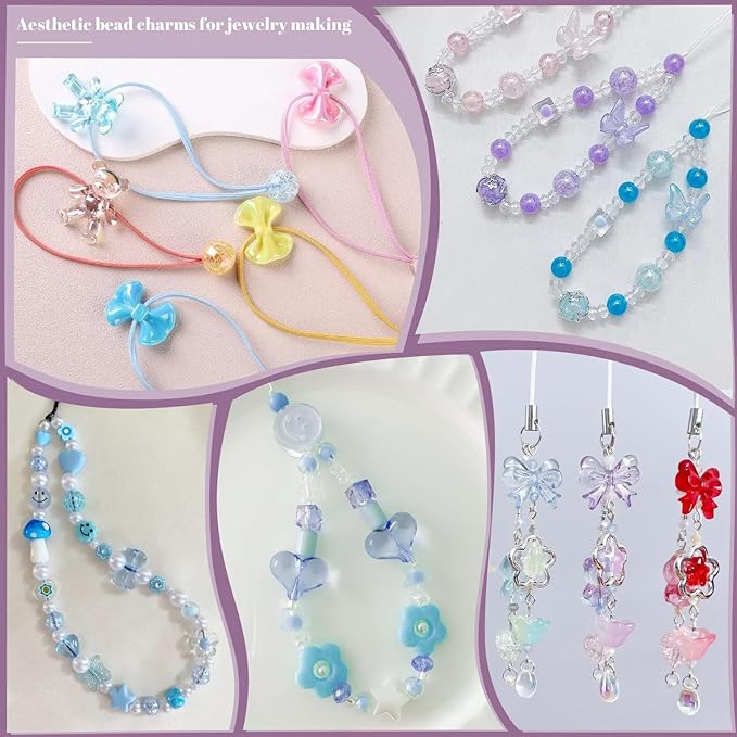 Assorted 170-230PCS Blue Acrylic Beads for Bracelet Making, Flower Bow Butterfly Candy GummyBear Aesthetic Bracelet Charms,Cute Beads for Jewelry Making DIY Necklace Keychain Phone Charm-CubbioJoy