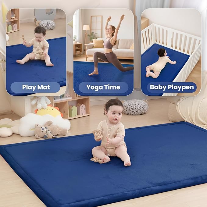 Baby Play Mat for Floor,1.3" Thick Memory foam Tummy Time Mat,Soft Coral Velvet Nursery Rug,Extra Large Non Slip Crawling Mat for Toddlers,Infants,kids,Yoga Mat,Tatami Mat for Living Room(Royal Blue)-CubbioJoy