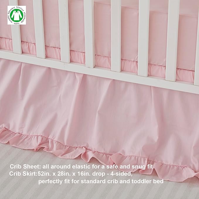 Brandream Farmhouse Crib Bedding Sets for Girls and Boys | 3 Piece Nursery Set Pink Ruffles | Baby Comforter, Fitted Crib Sheet, Crib Skirt Included,100% Cotton Percale-CubbioJoy
