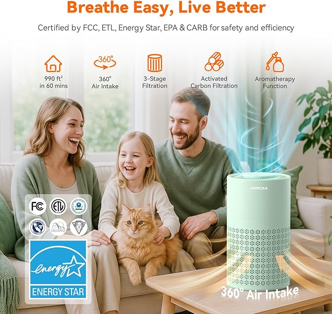 AIRROMI Air Purifier for Bedroom with HEPA 3-in-1 Filter, Pet Air Purifier for Home Cat Pee Smell, Covers Upto 990 Ft², Quiet 360°intake Air Cleaner for pet hair,allergies,Dust,Smoke A2001 Green-CubbioJoy