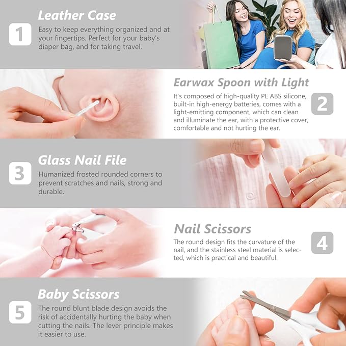 Baby Grooming Kit, 15 in 1 Portable Baby Safety Care Set with 01 Hair Brush Comb Nail Clipper Nasal Aspirator etc for Nursery Newborn Infant Girl Boys Keep Clean(White)-CubbioJoy