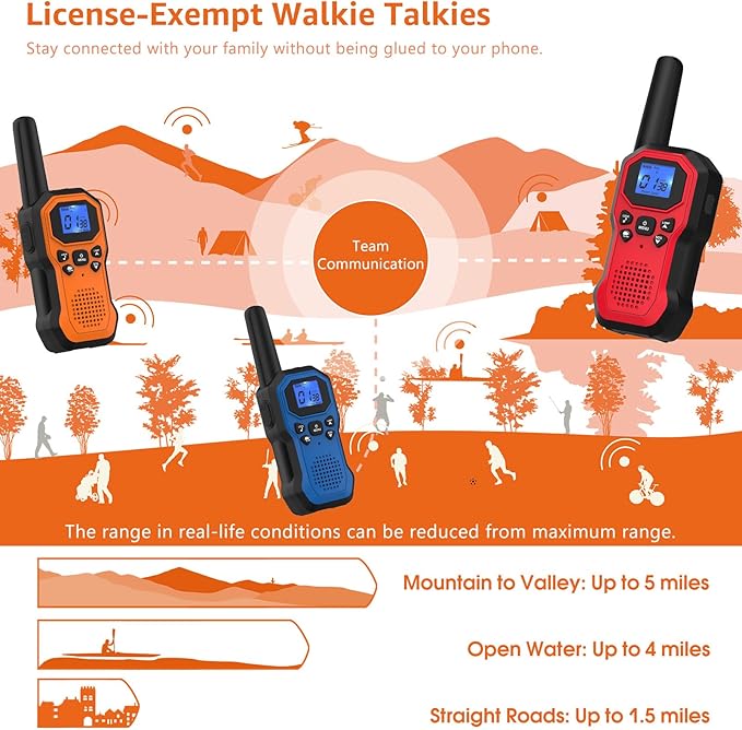 2 Way Radios for Adults Long Range Walkie Talkies for Kids Rechargeable 4 Pack, Camping Hiking Skiing Cruising Gear with Lamp, USB-C, SOS Siren, NOAA Alert, iVOX Hands-Free, One-Touch Pairing-CubbioJoy