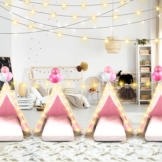 6 Pack Sleepovers Teepee Tent for Kids Bulk with Mattress Sheet Light,Natural Cotton Washable Indoor Play Tent for Birthday Slumber Party Girls Boys Pajama Movie Night Supplies(Light Pink)-CubbioJoy