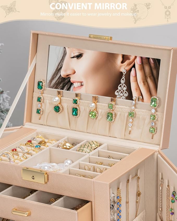 AKOZLIN Large 4-Tier Jewelry Box Leather Jewelry Storage Organizer with 3 Drawers Lockable for Women Girls Ring Necklace Earring Bracelet Watches Holder with Mirror Champagne-CubbioJoy
