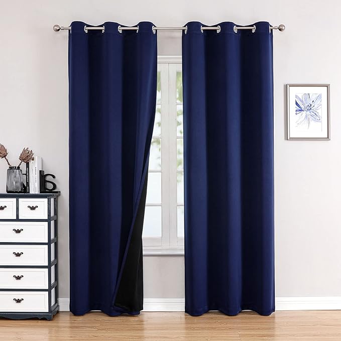 ChrisDowa 100% Blackout Curtains 84 inch Long for Bedroom with Black Liner, 2 Thick Layers Total Blackout Thermal Insulated Grommet Window Curtains 2 Panels Set (Navy Blue, 38 x 84 Inch)-CubbioJoy