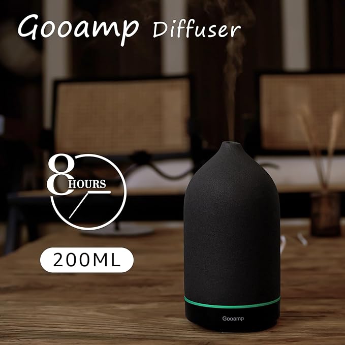 200ML Ceramic Essential Oil Diffuser - Ultrasonic Aromatherapy & Humidifier with 7-Color LED Lights, Auto Shut-Off, Black, 1H/3H/6H Timer | Scent for Home, Office, Yoga-CubbioJoy