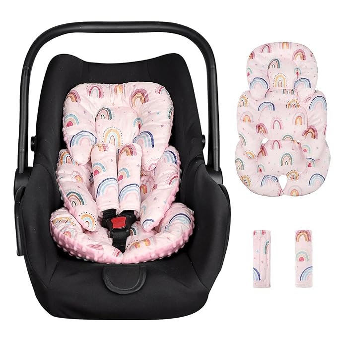 Infant Car Seat Insert, Car Seat Head Support Baby Girls Boys, Soft & Reversible Newborn Carseat Insert Cushion with 2 Strap Covers, for Stroller, Swing, Bouncer (Pink Rainbow)-CubbioJoy