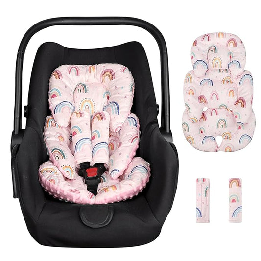 Infant Car Seat Insert, Car Seat Head Support Baby Girls Boys, Soft & Reversible Newborn Carseat Insert Cushion with 2 Strap Covers, for Stroller, Swing, Bouncer (Pink Rainbow)-CubbioJoy