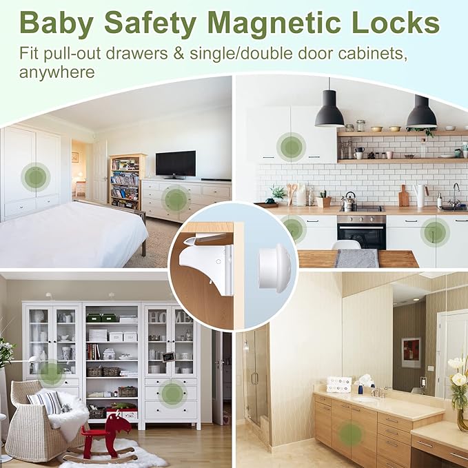 Child Safety Magnetic Cabinet Locks 6 Pack+2 Keys-AOSITE Baby Proofing Magnetic Drawer Locks for Kitchen with Adhesive No Drilling or Screws Fixed, 4 Baby Safety Cabinet Locks for Knobs-CubbioJoy