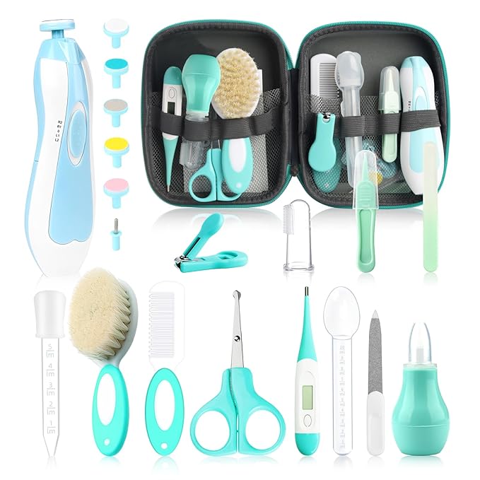Baby Grooming Kit, Electric Safety Nail Trimmer Baby Nursery Kit，Infant Safety Care Set with Hair Brush Comb Nail Clipper Nasal Aspirator,Baby Essentials Kit for Newborn Girls Boys (20 Pc Green Kit)-CubbioJoy