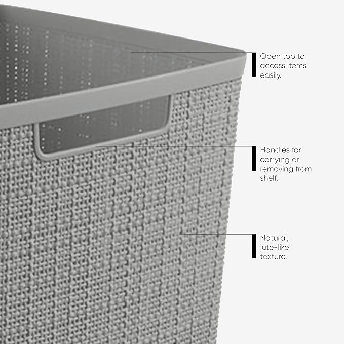 Curver Jute Decorative Plastic Organization and Storage Basket Perfect Bins for Home Office, Closet Shelves, Kitchen Pantry and All Bedroom Essentials, Set of 8 Grey-CubbioJoy