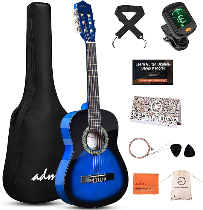 ADM Beginner Acoustic Classical Guitar Nylon Strings Wooden Guitar Bundle Kit for Kid Boy Girl Student Youth Guitarra Online Lessons with Gig Bag, Strap, Tuner, Strings, Picks (34 Inch, Blueburst)-CubbioJoy