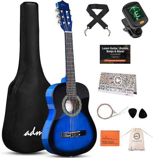 ADM Beginner Acoustic Classical Guitar Nylon Strings Wooden Guitar Bundle Kit for Kid Boy Girl Student Youth Guitarra Online Lessons with Gig Bag, Strap, Tuner, Strings, Picks (34 Inch, Blueburst)-CubbioJoy