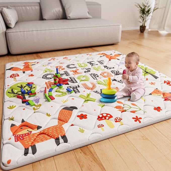 Baby Play Mat 50x50 Playpen Mat Upgraded Thicker Baby Floor Play Mat Cushioned Anti- Slip Crawling Mat Waterproof Activity Playmat for Babies Toddlers Infants Tummy Time(50x50, Letter Fox)-CubbioJoy