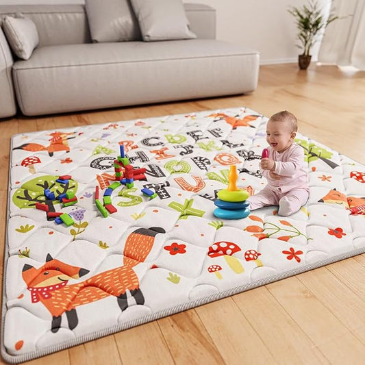 Baby Play Mat 50x50 Playpen Mat Upgraded Thicker Baby Floor Play Mat Cushioned Anti- Slip Crawling Mat Waterproof Activity Playmat for Babies Toddlers Infants Tummy Time(50x50, Letter Fox)-CubbioJoy