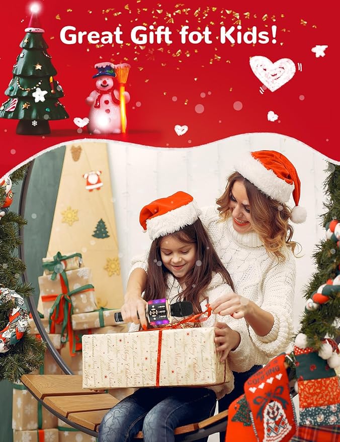 Amazmic Kids Karaoke Microphone Machine Toy Bluetooth Microphone Portable Wireless Karaoke Machine Handheld with LED Lights, Gift for Children Adults Birthday Party, Home KTV(Black Gold)-CubbioJoy