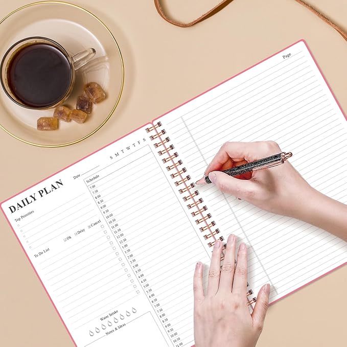 Daily Planner Undated - A4 To Do List Notebook Hourly Schedules, Spiral Appointment Planner for Women and Men,PVC Hardcover, Inner Pocket, Elastic Closure, 8.5" x 11", Pink-CubbioJoy