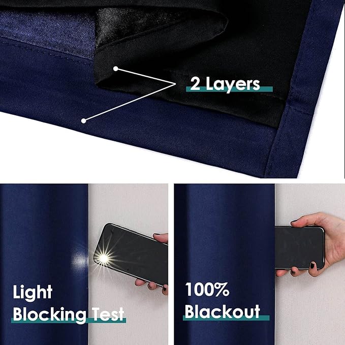 ChrisDowa 100% Blackout Curtains 90 inch Long for Bedroom with Black Liner, 2 Thick Layers Total Blackout Thermal Insulated Grommet Long Window Curtains 2 Panels Set (Navy Blue, 52 x 90 Inch)-CubbioJoy