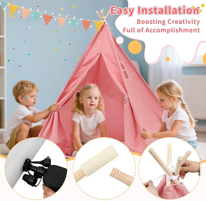 4 Pack Teepee Tent for Kids with Light String and Inflatable Airbed, Slumber Party Tents, Sleepover Tents Party for Girls Boys Indoor Outdoor (Pink)-CubbioJoy